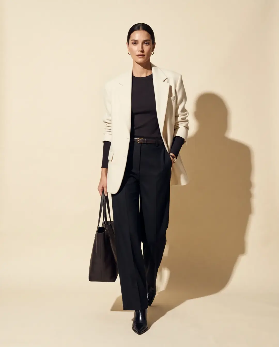Ekru blazer ve siyah bol paça pantolon